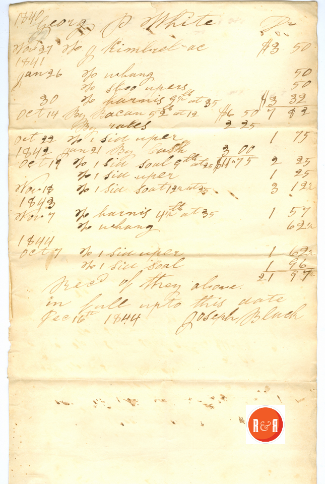 Kimbrell's Account with George P. White - 1840-41 Settled via Joseph Black in 1844