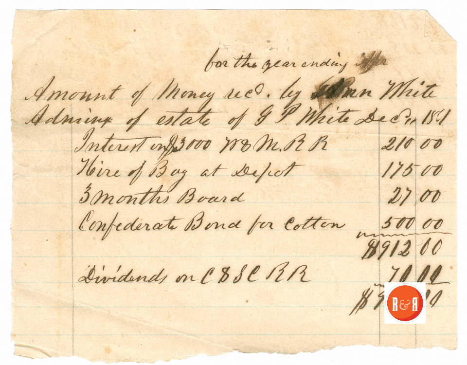Account of income from the Estate of Geo. P. White - 1861 - Courtesy of the White Collection/HRH 2008
