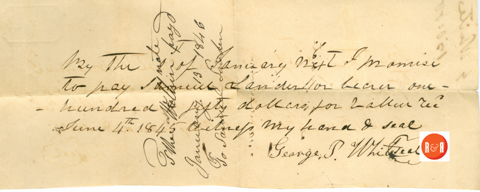 GEORGE P. WHITE's IOU to Samuel Sander - 1833 - Courtesy of the White Collection/HRH 2008