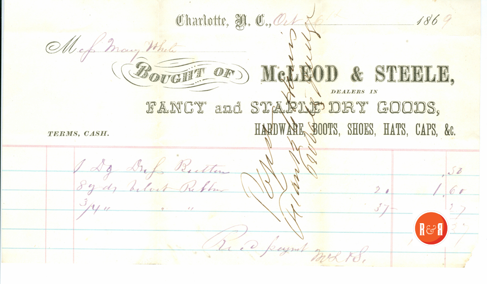 RECEIPT FROM MCLEOD AND STEELE OF CHARLOTTE, NC - 1869