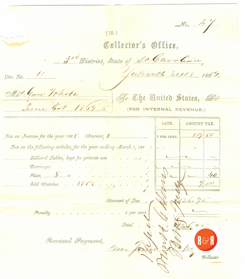 IRS Tax Bill for Ann H. White - 1869 - Courtesy of the White Collection/HRH 2008