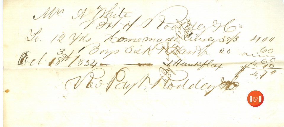 Bill to Ann H. White from Roddey Co., 1854 - Courtesy of the White Collection/HRH 2008