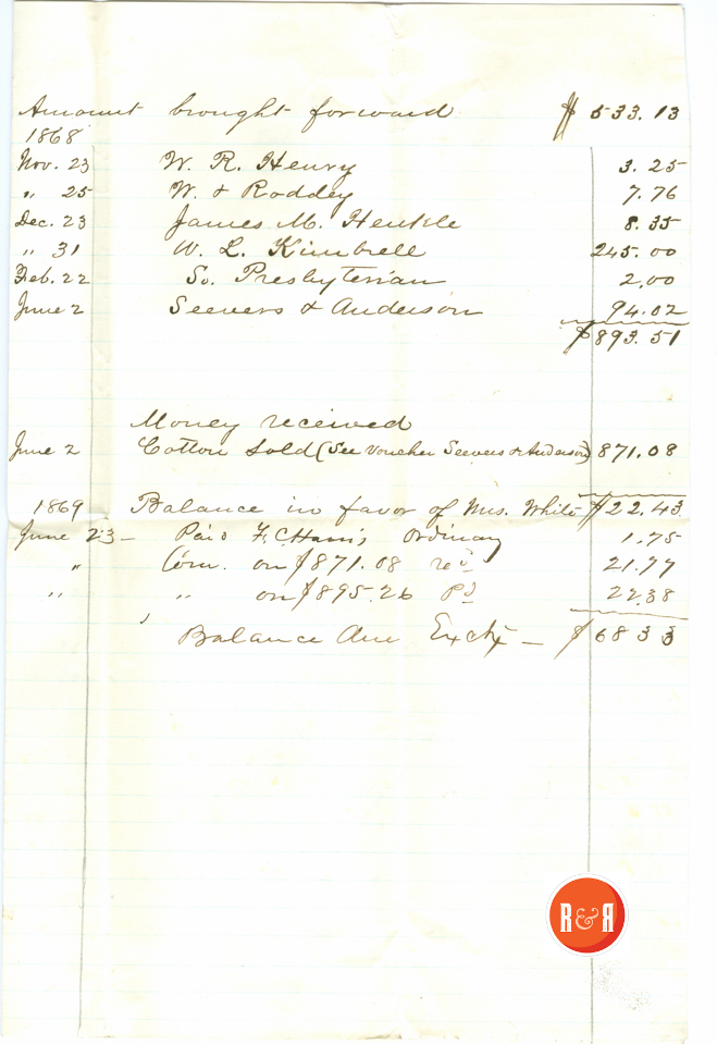 Ann H. White's Account for 1868   Courtesy of the White Collection/HRH 2008, p. 2