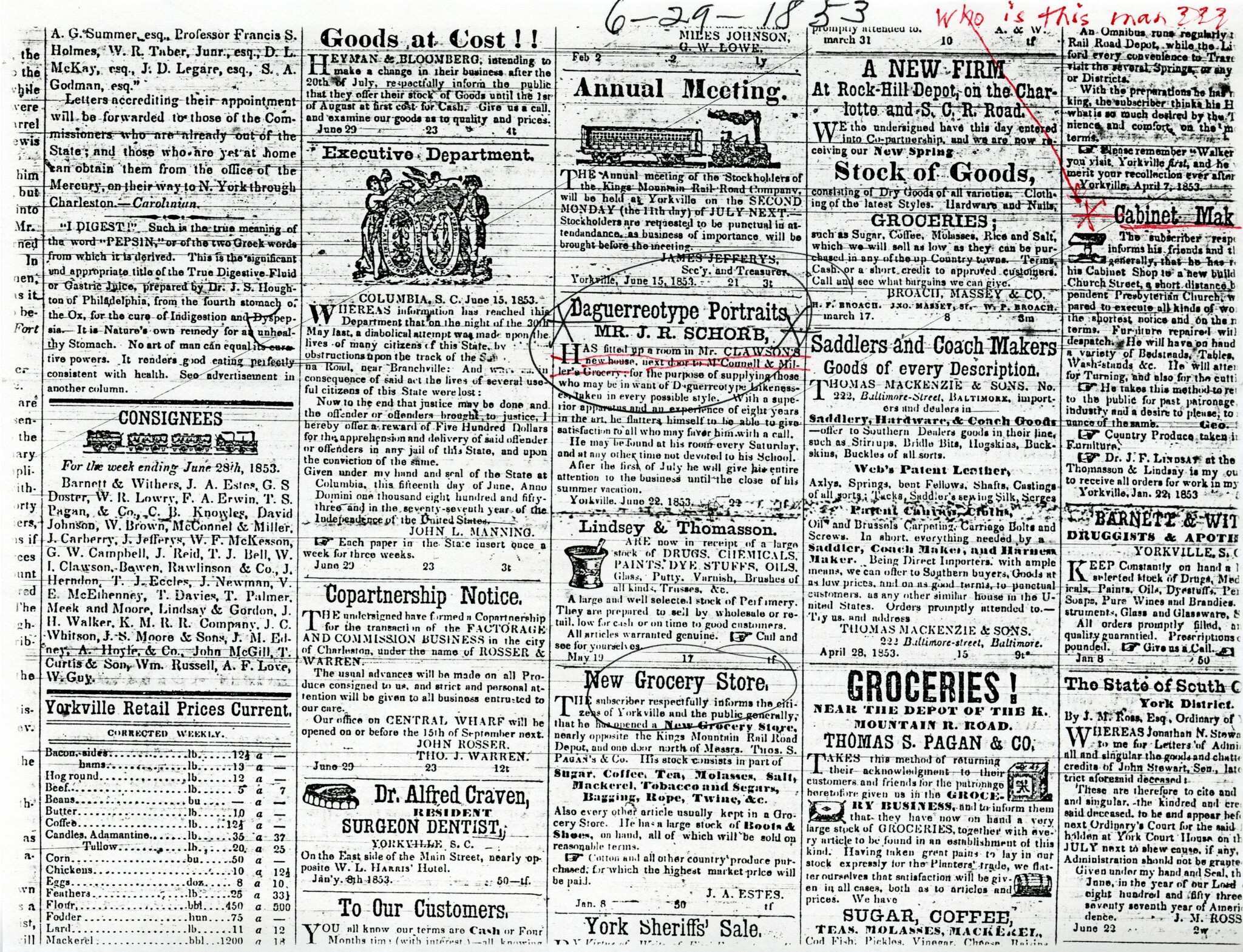 SCHORB ADVERTISES IN THE YORKVILLE ENQUIRER - 1853